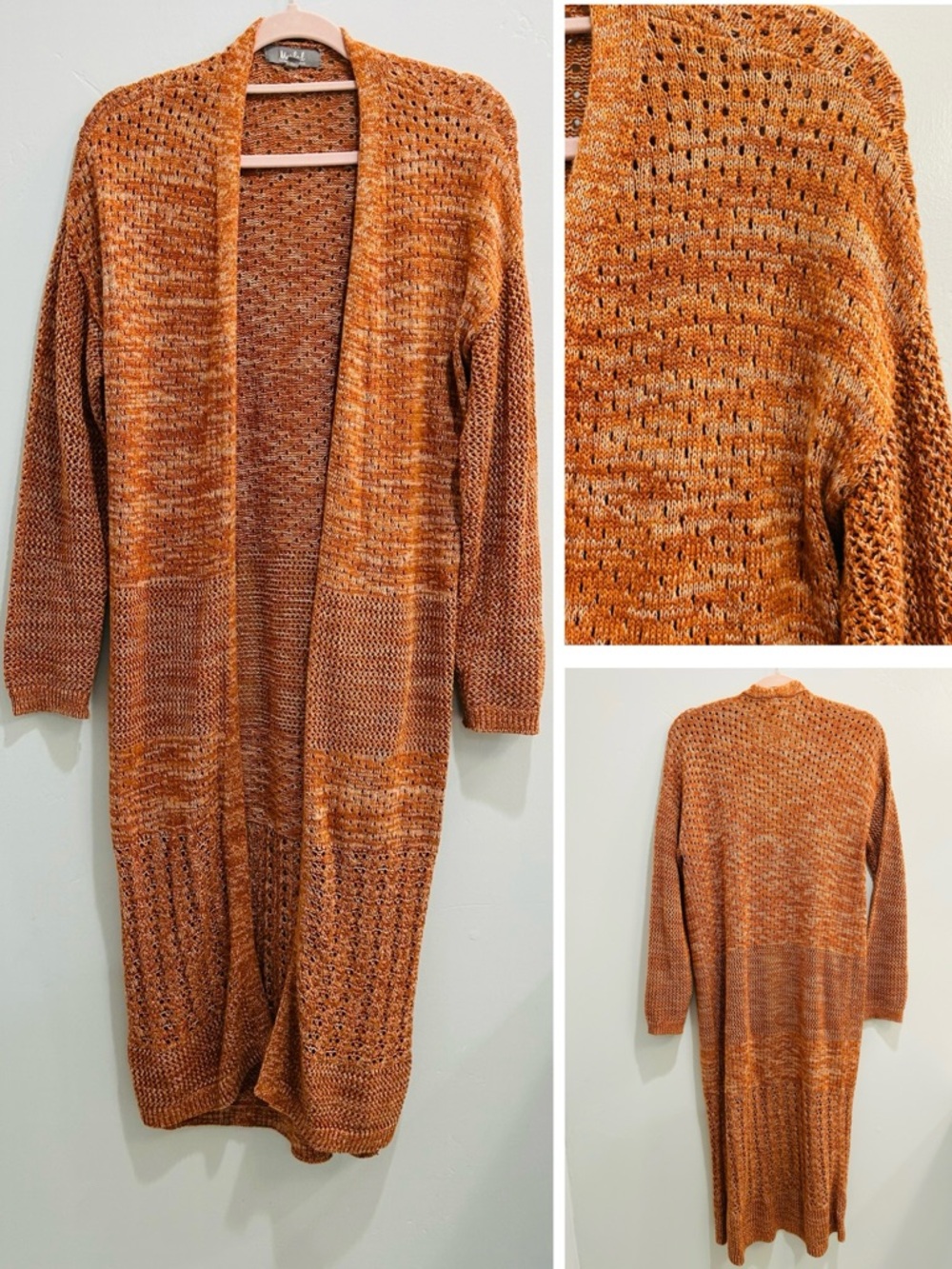 Marled Reunited Clothing Burnt Orange Pointelle Knit Longline Duster Cardigan M